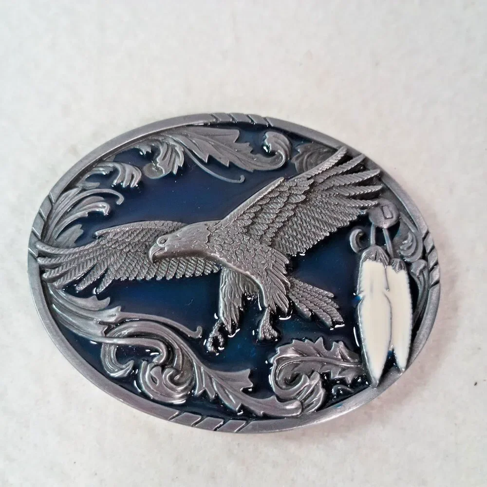 Vintage 90s Flying Eagle Belt Buckle Blue Enamel Western Native Style